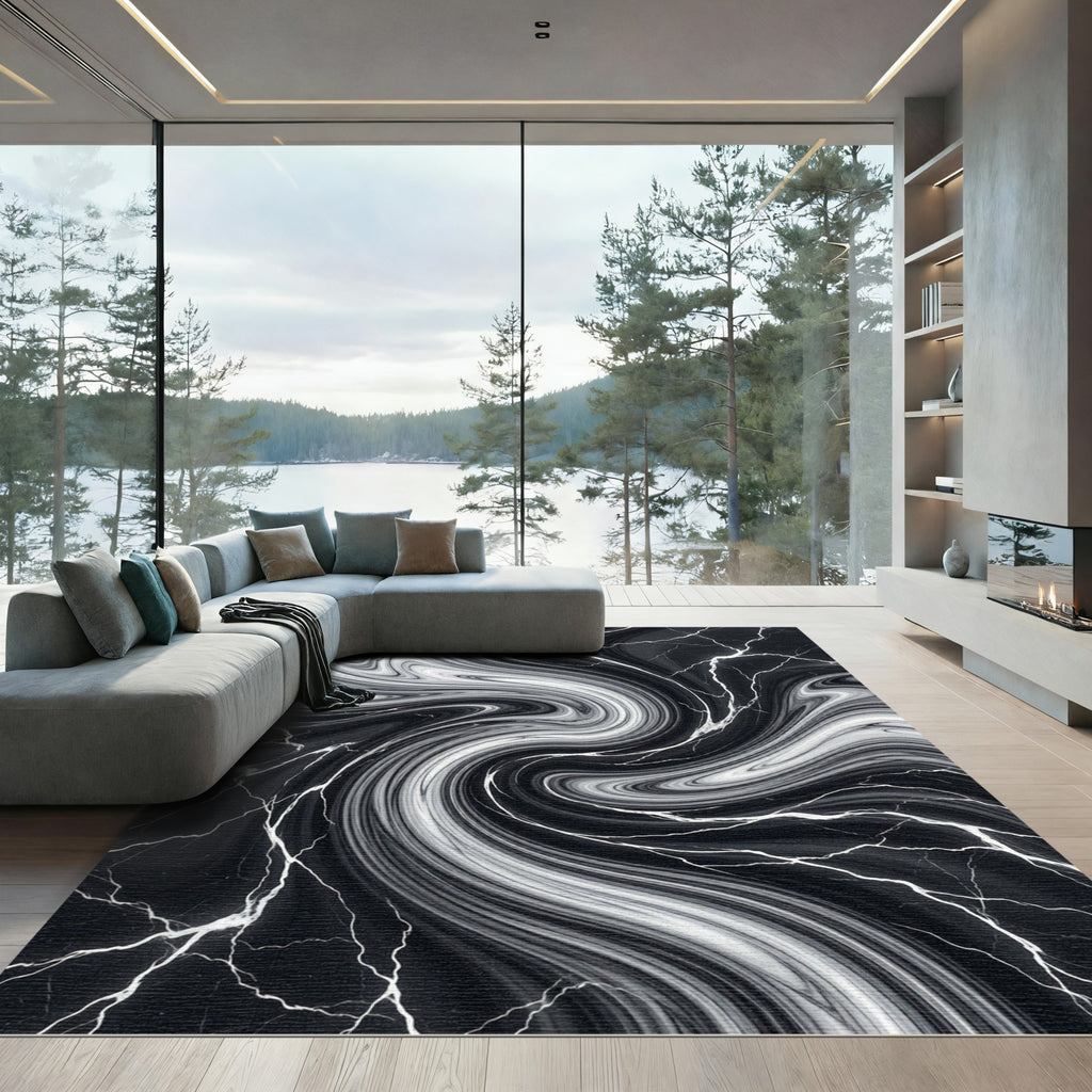 Dramatic Black White Marble Swirl Rug