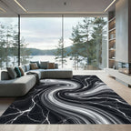 Dramatic Black White Marble Swirl Rug