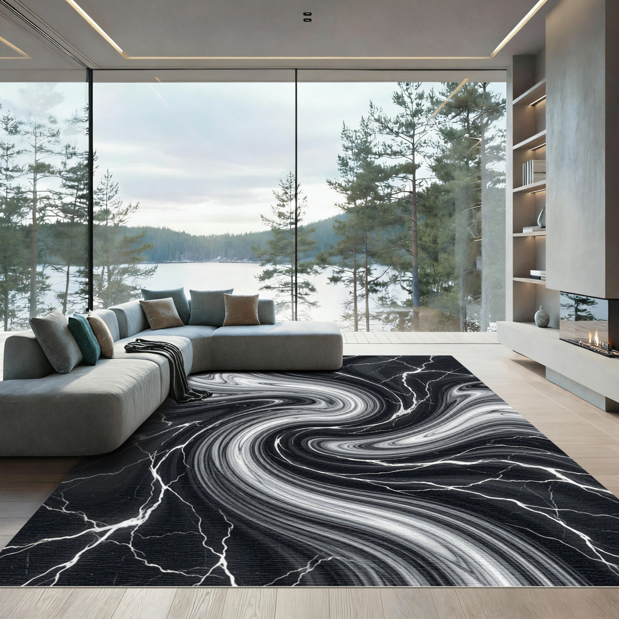 Dramatic Black White Marble Swirl Rug