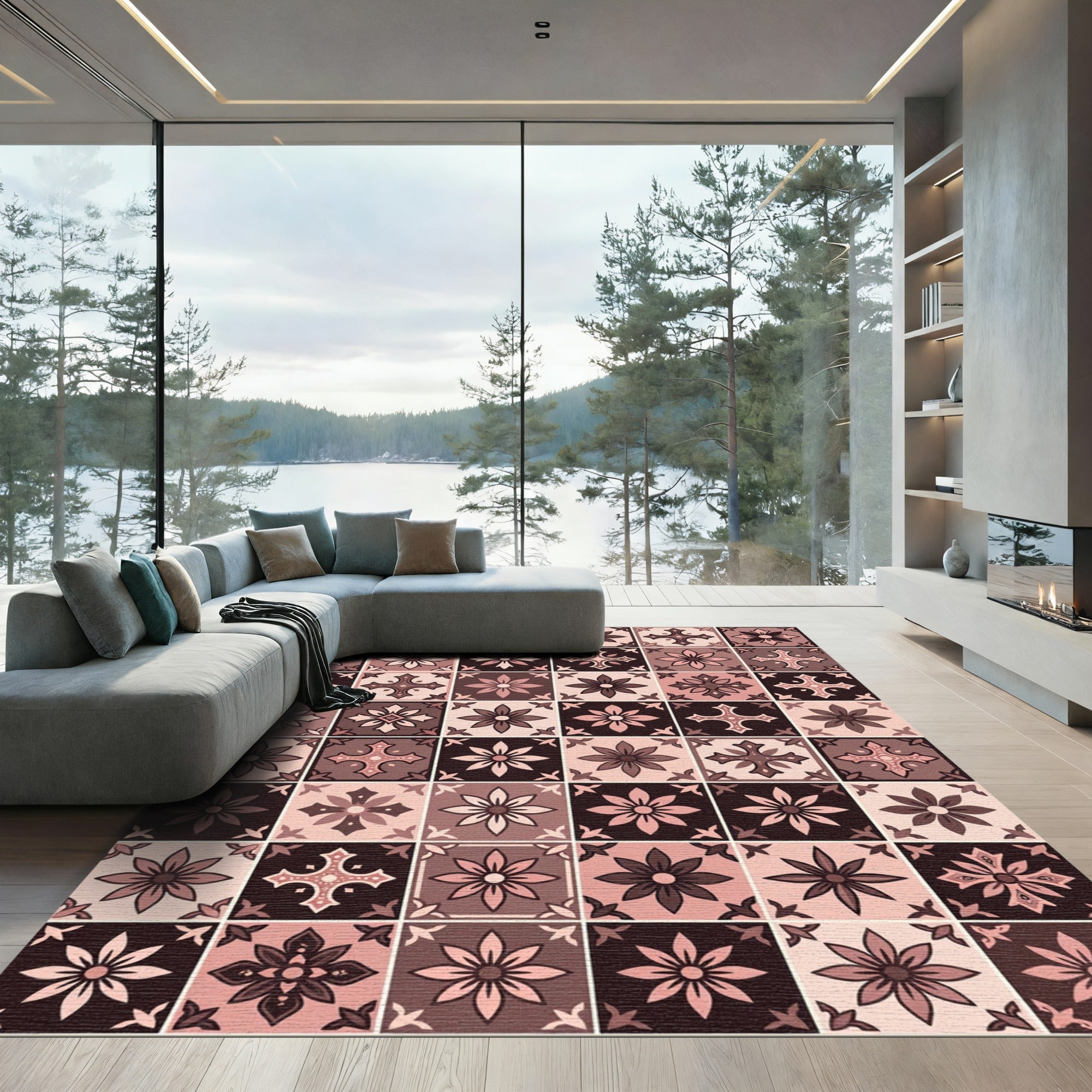 Blush and Chocolate Floral Tile Grid Rug