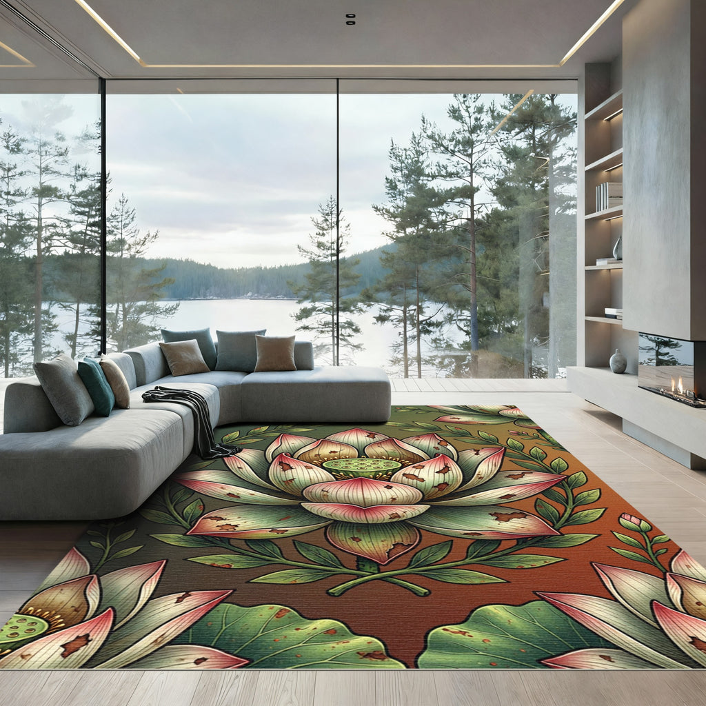 Distressed Pink Lotus Botanical Illustration Rug