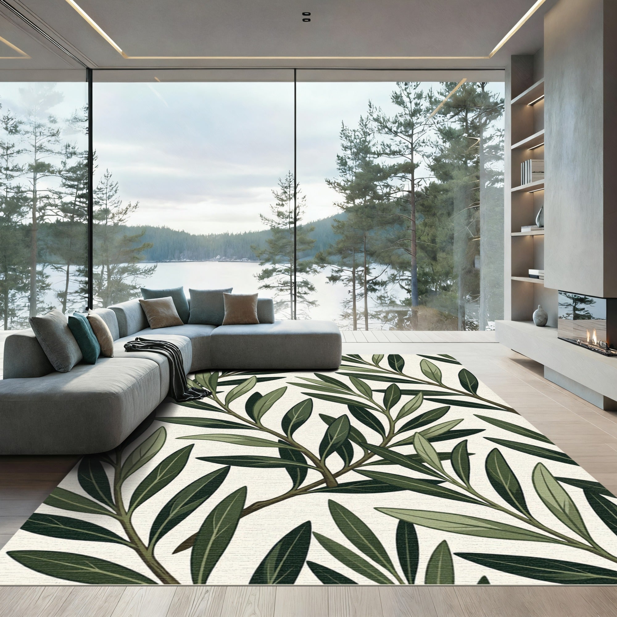 Elegant Sage Olive Leaf Botanical Rug