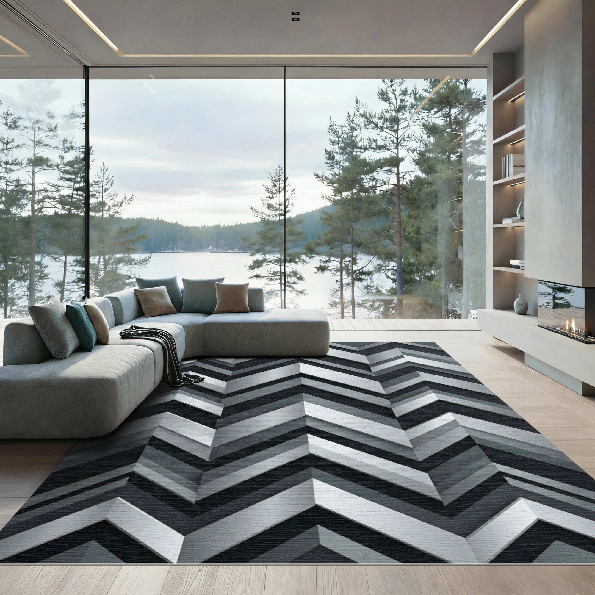 Sophisticated Metallic Silver Chevron Geometric Rug