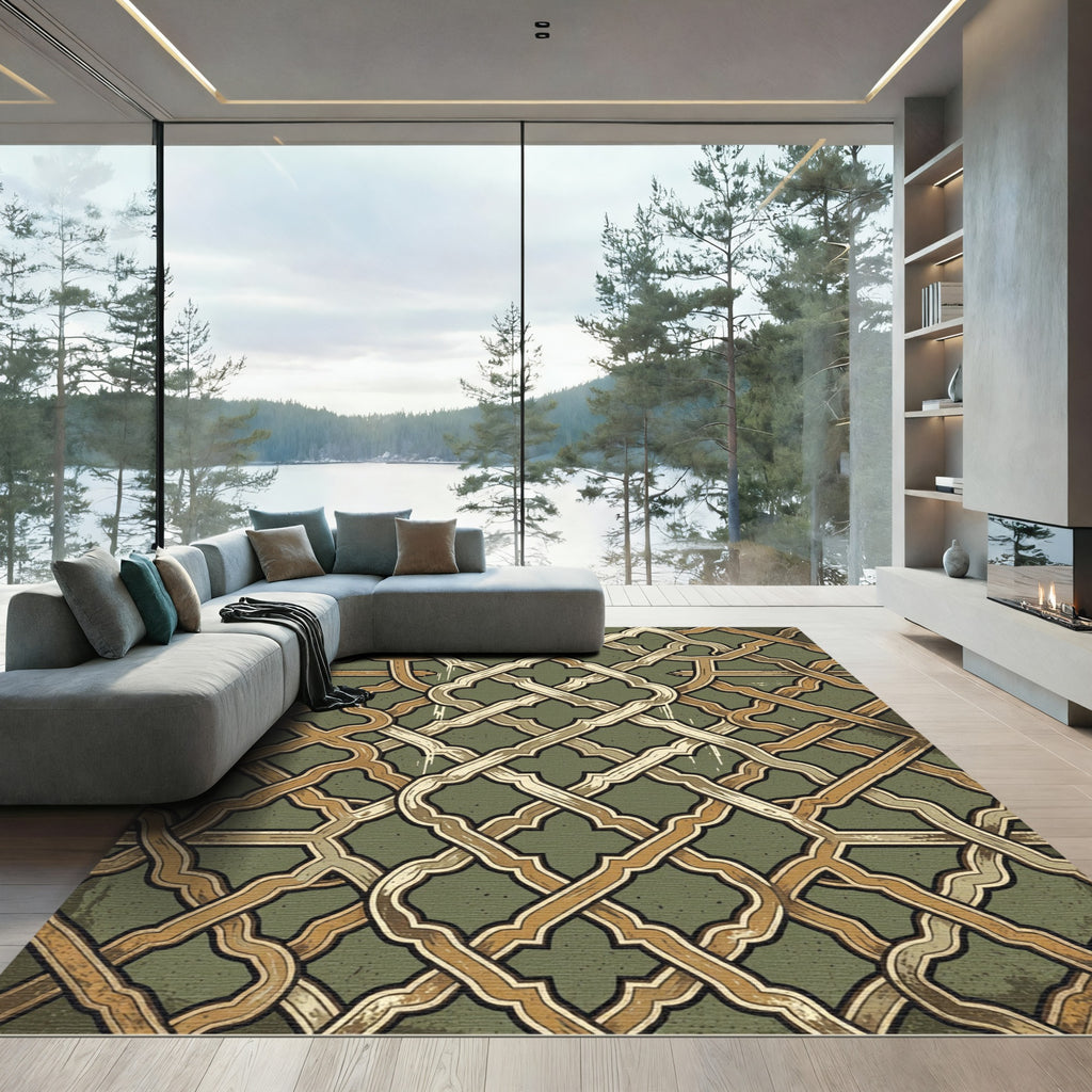 Sage Green Interlocking Ornate Lattice Rug