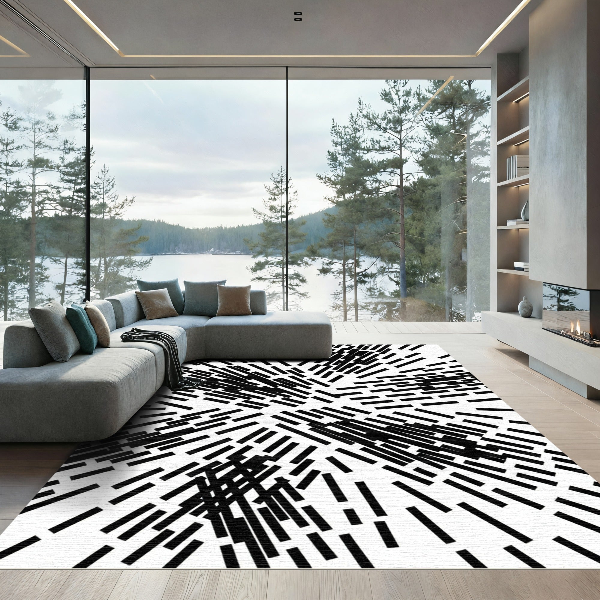 Abstract Black White Burst Lines Rug