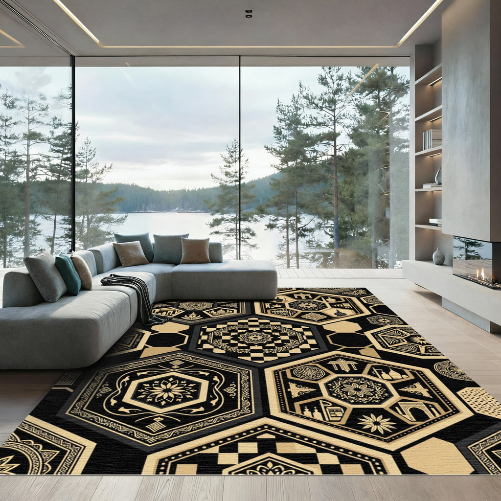 Monochrome Geometric Hexagon Islamic Art Rug