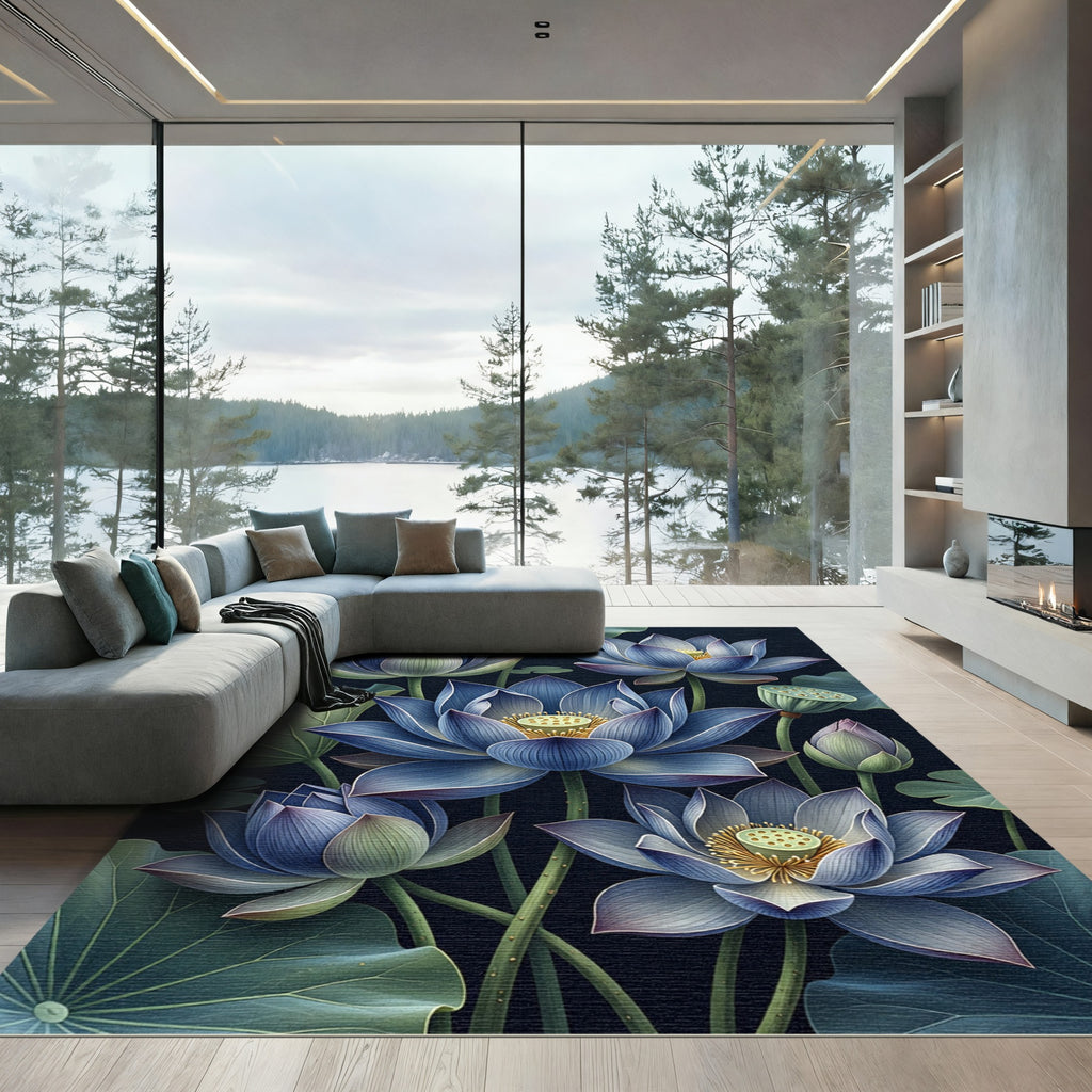 Midnight Blue Lotus Botanical Art Rug