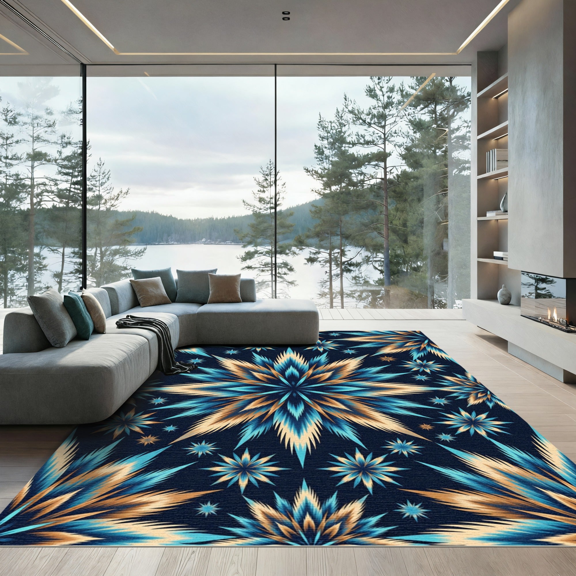 Celestial Blue and Gold Starburst Rug