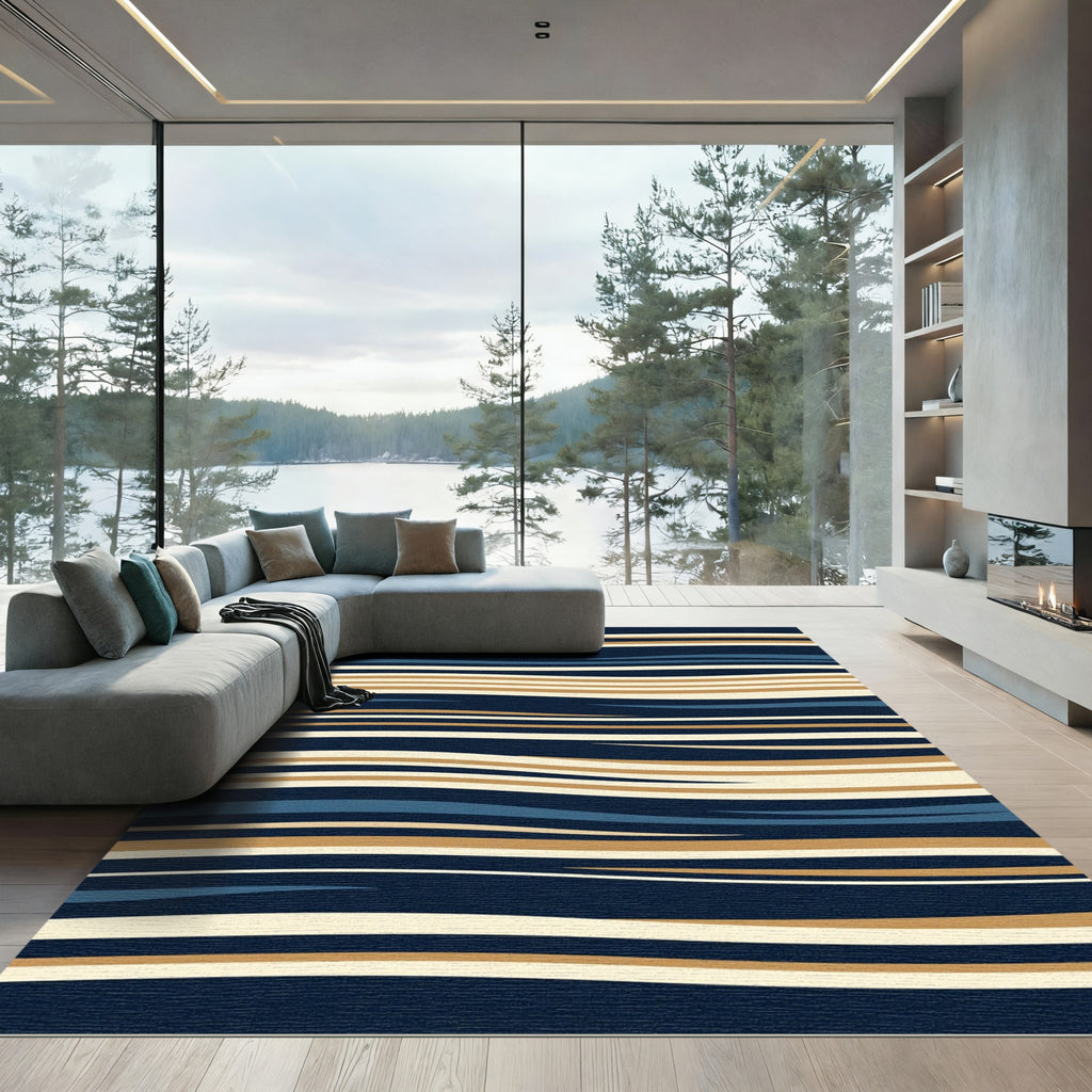 Navy Blue and Golden Wavy Stripe Rug