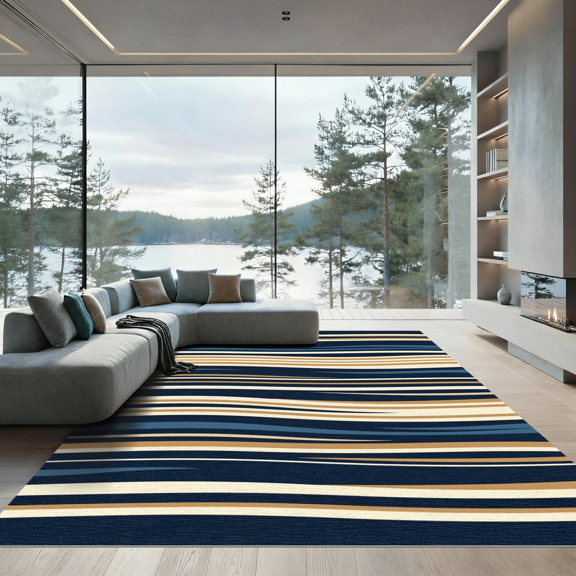 Navy Blue and Golden Wavy Stripe Rug