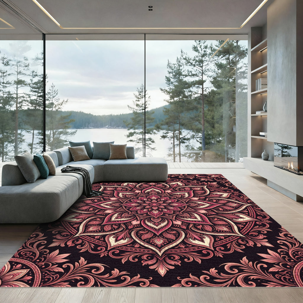 Elegant Burgundy Floral Mandala Tapestry Rug