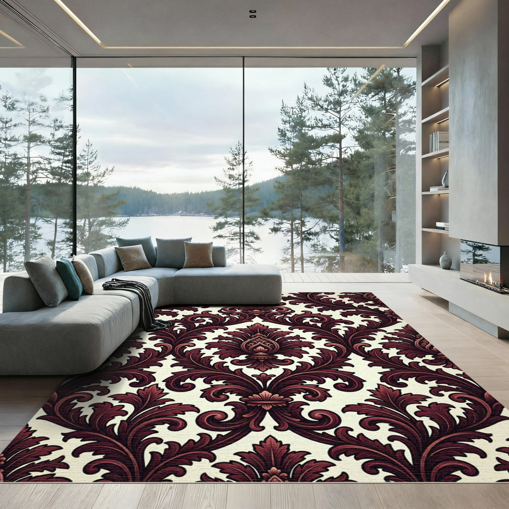 Rich Burgundy Acanthus Leaf Scroll Rug