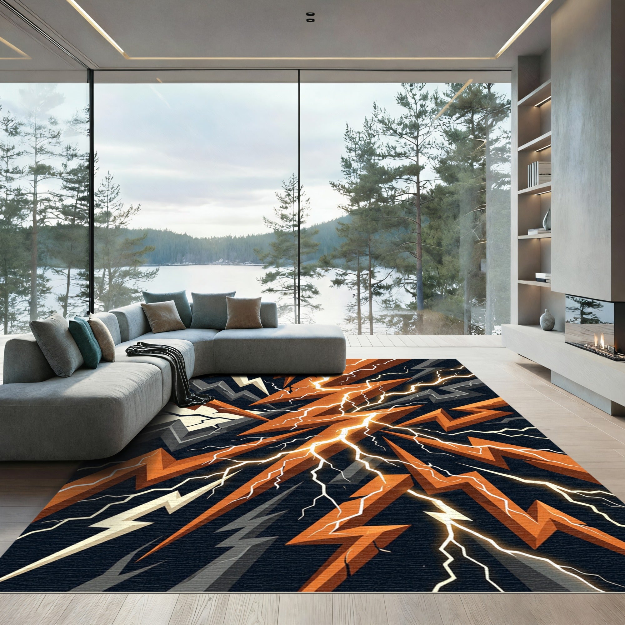 Electric Orange and Charcoal Lightning Bolt Rug