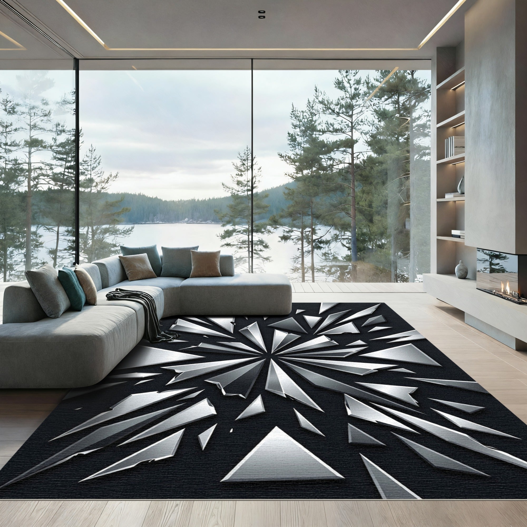 Shattered Silver Geometric Abstract Shards Rug