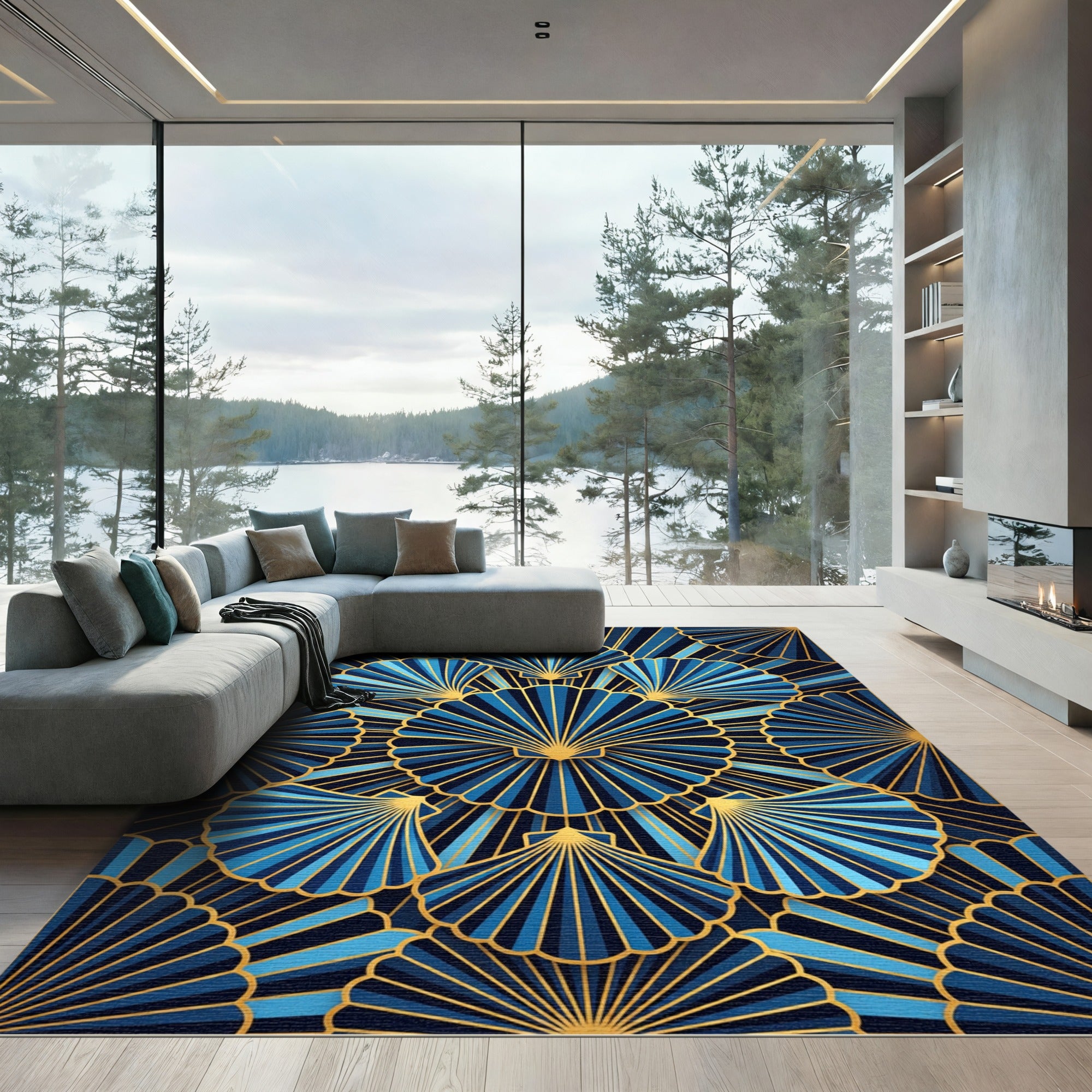 Art Deco Blue Gold Scallop Shell Rug
