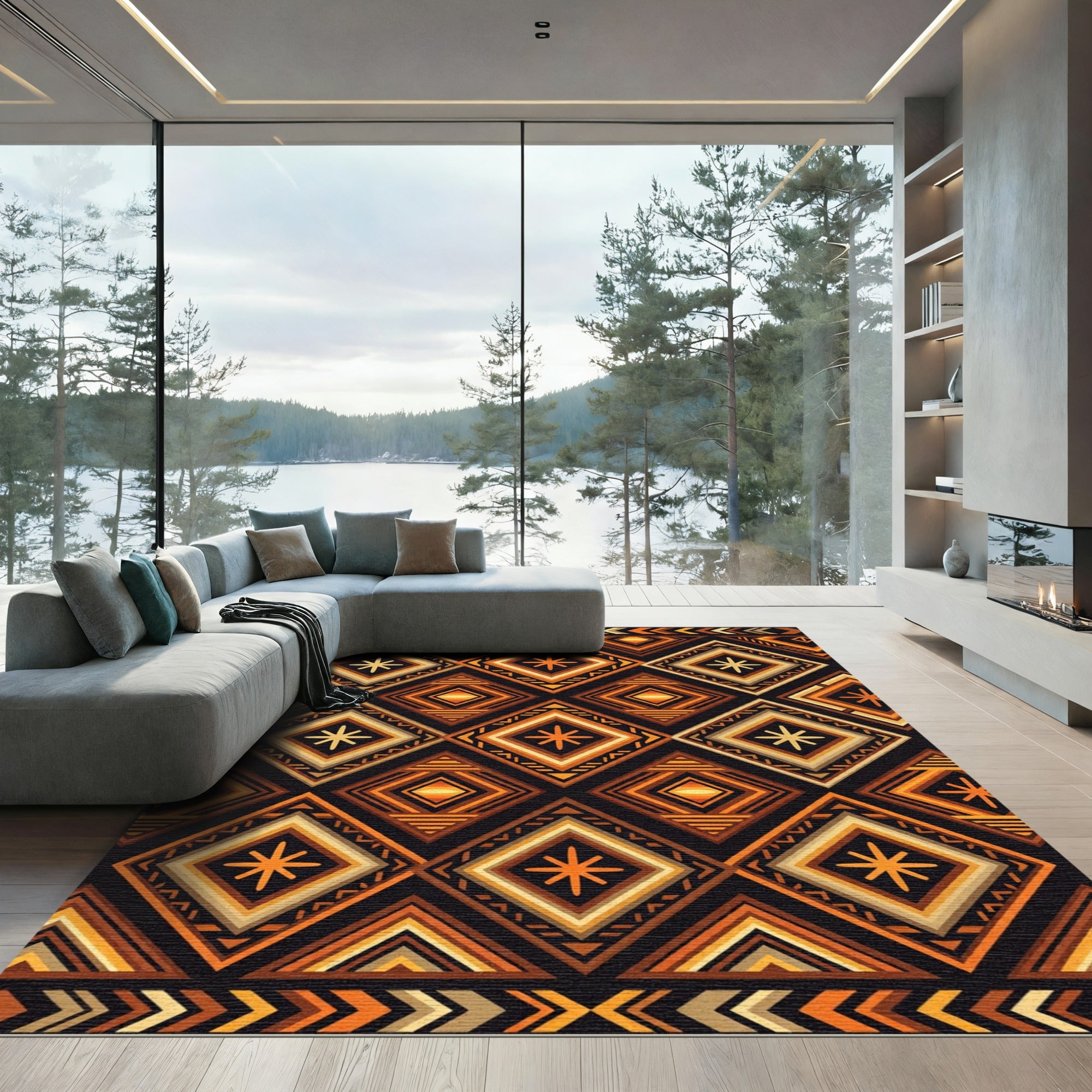 Bold Amber Geometric Diamond Tribal Rug