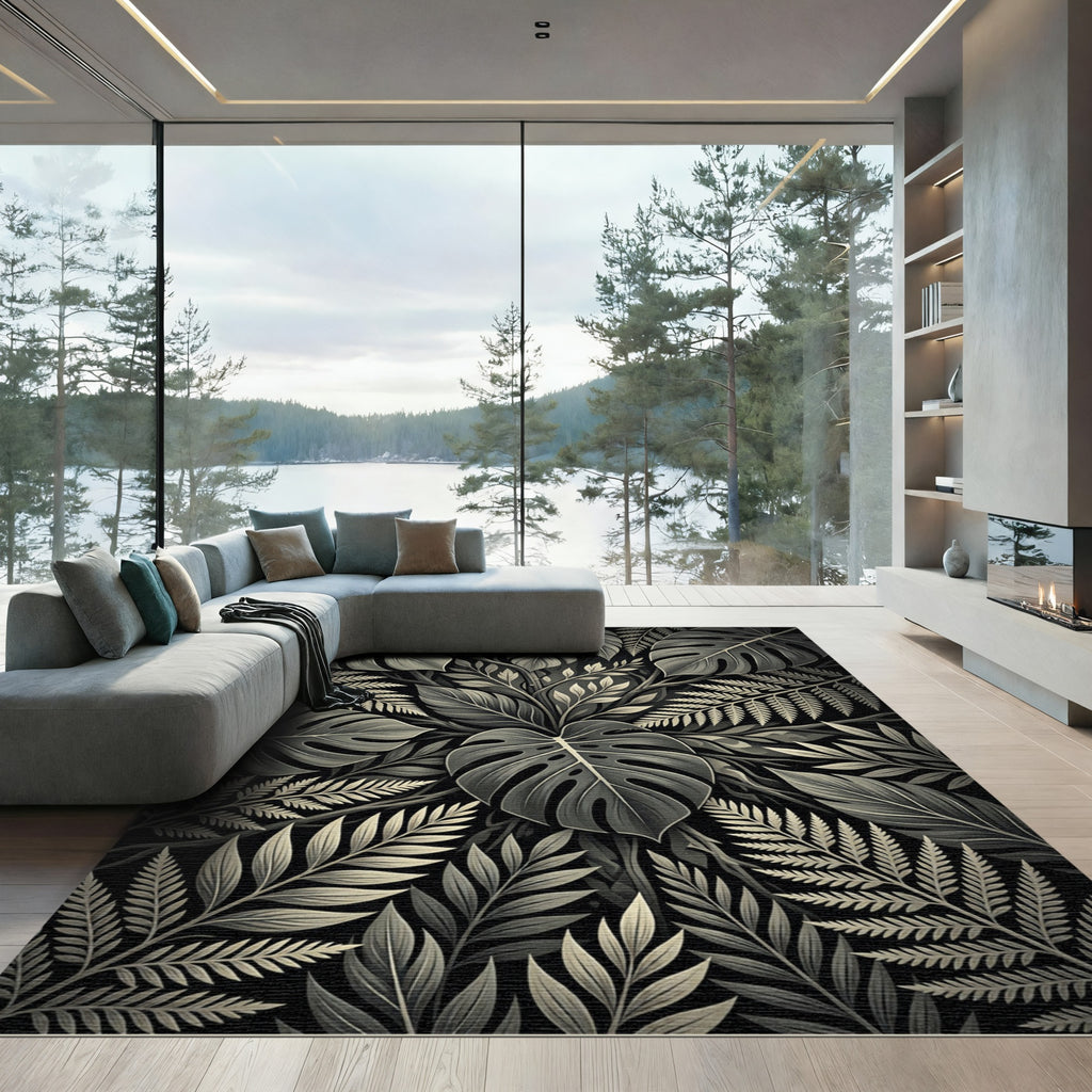Monochrome Tropical Botanical Leaf Foliage Rug
