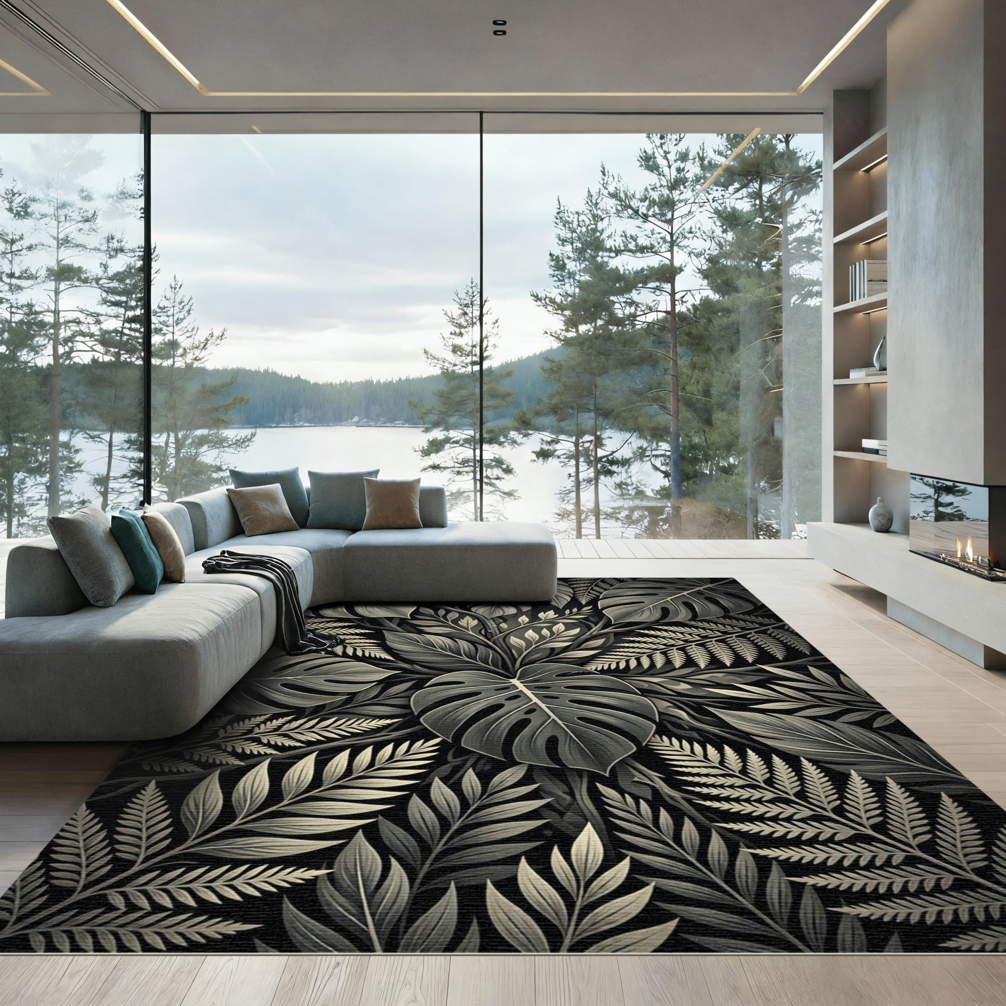 Monochrome Tropical Botanical Leaf Foliage Rug