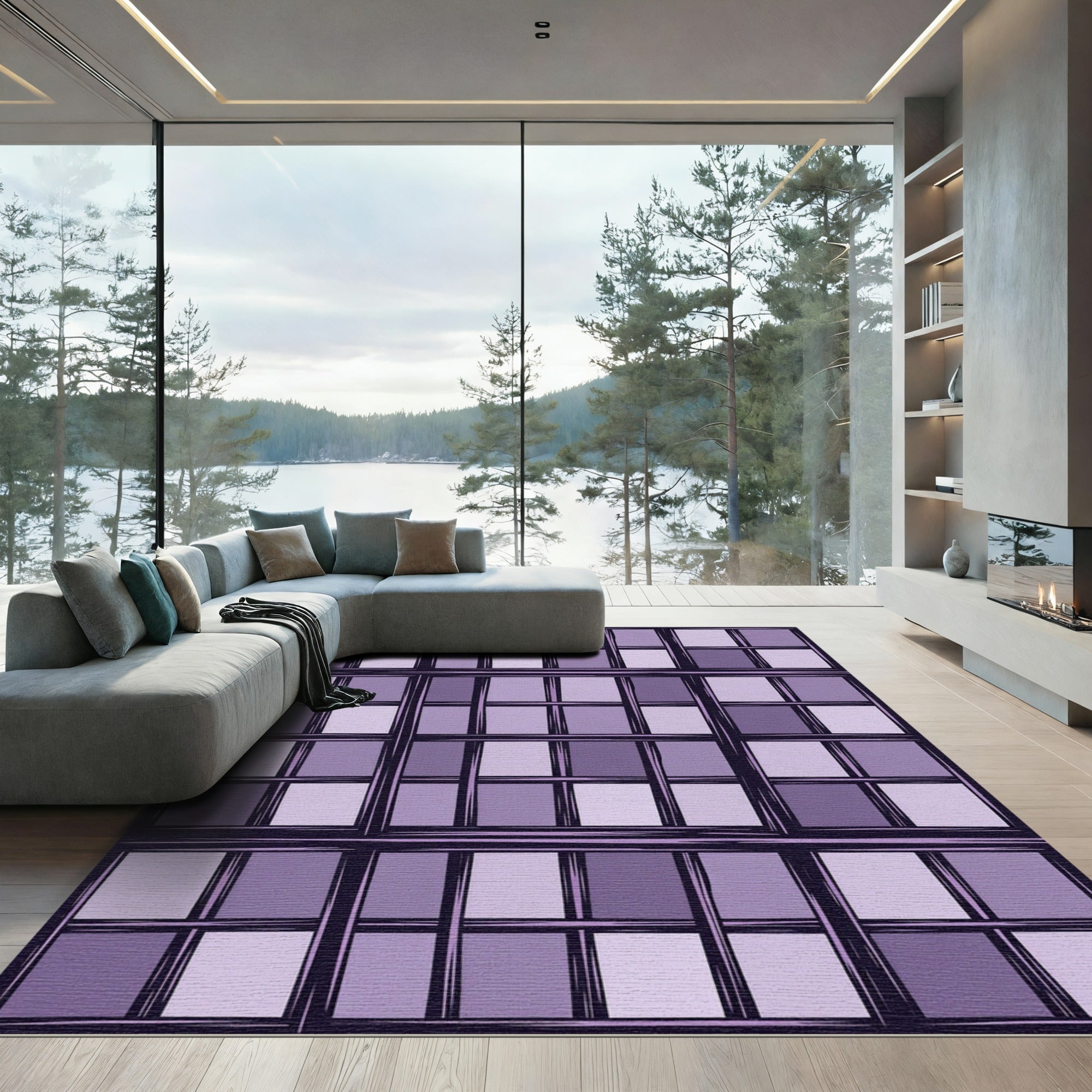 Purple Grid Windowpane Compositions Rug