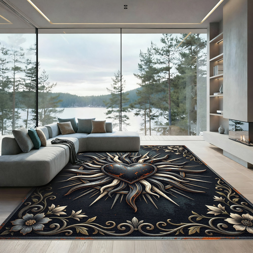 Gothic Black Sunburst Heart Medallion Rug