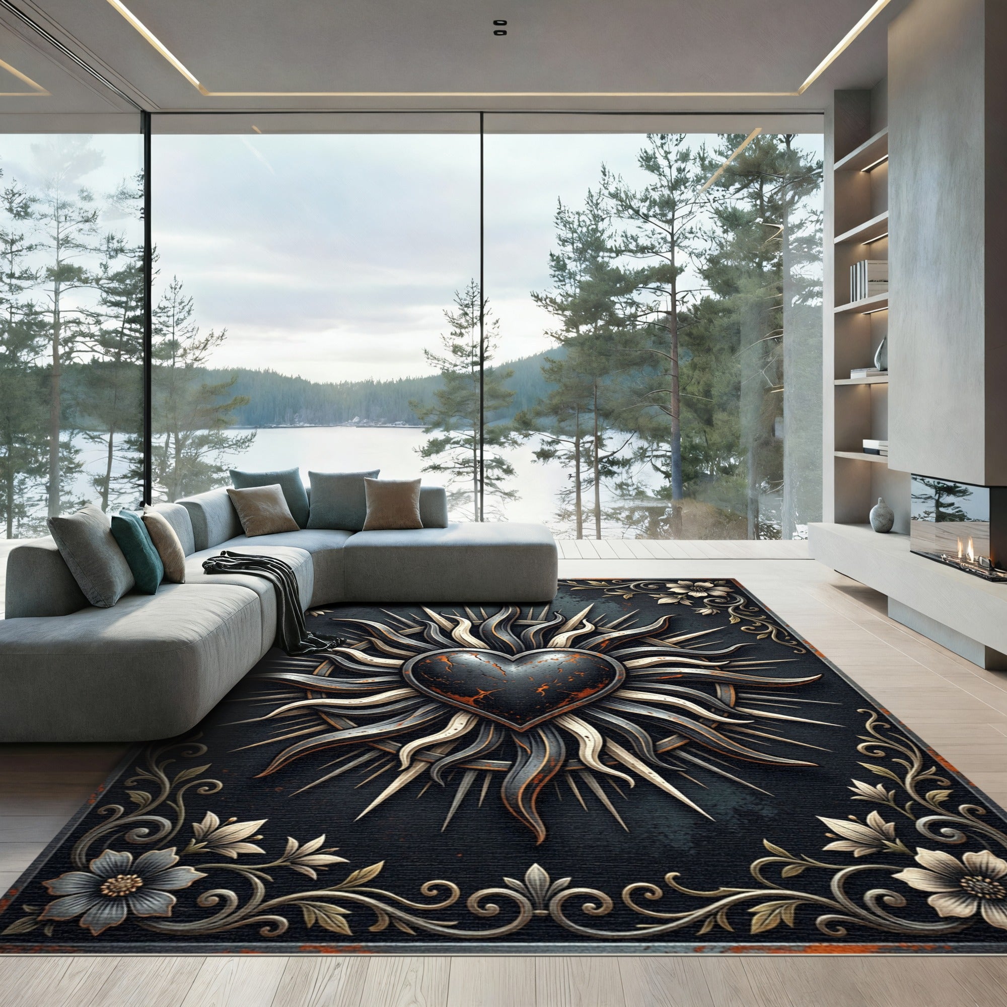 Gothic Black Sunburst Heart Medallion Rug