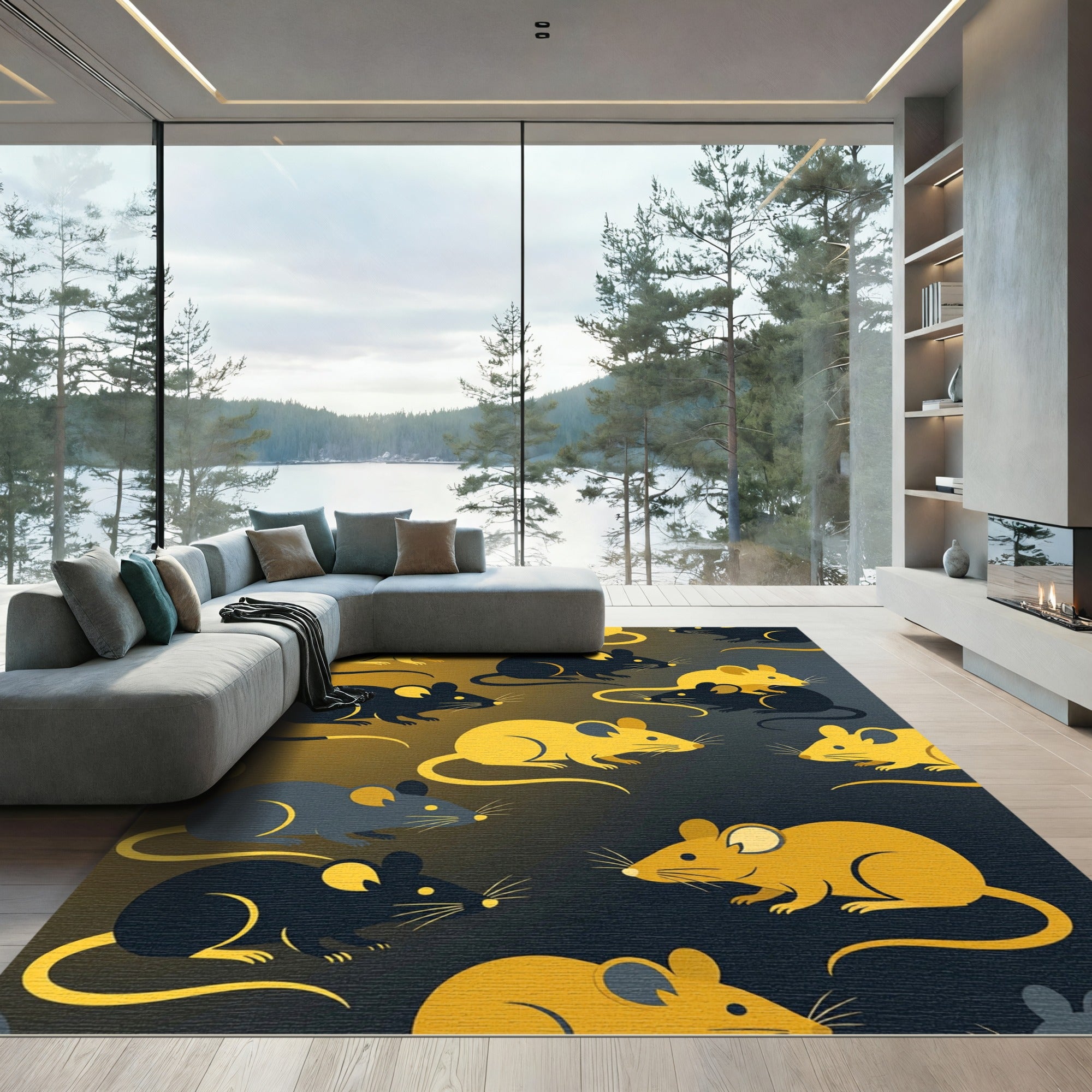 Golden Mouse Silhouette Dark Contrasting Art Rug