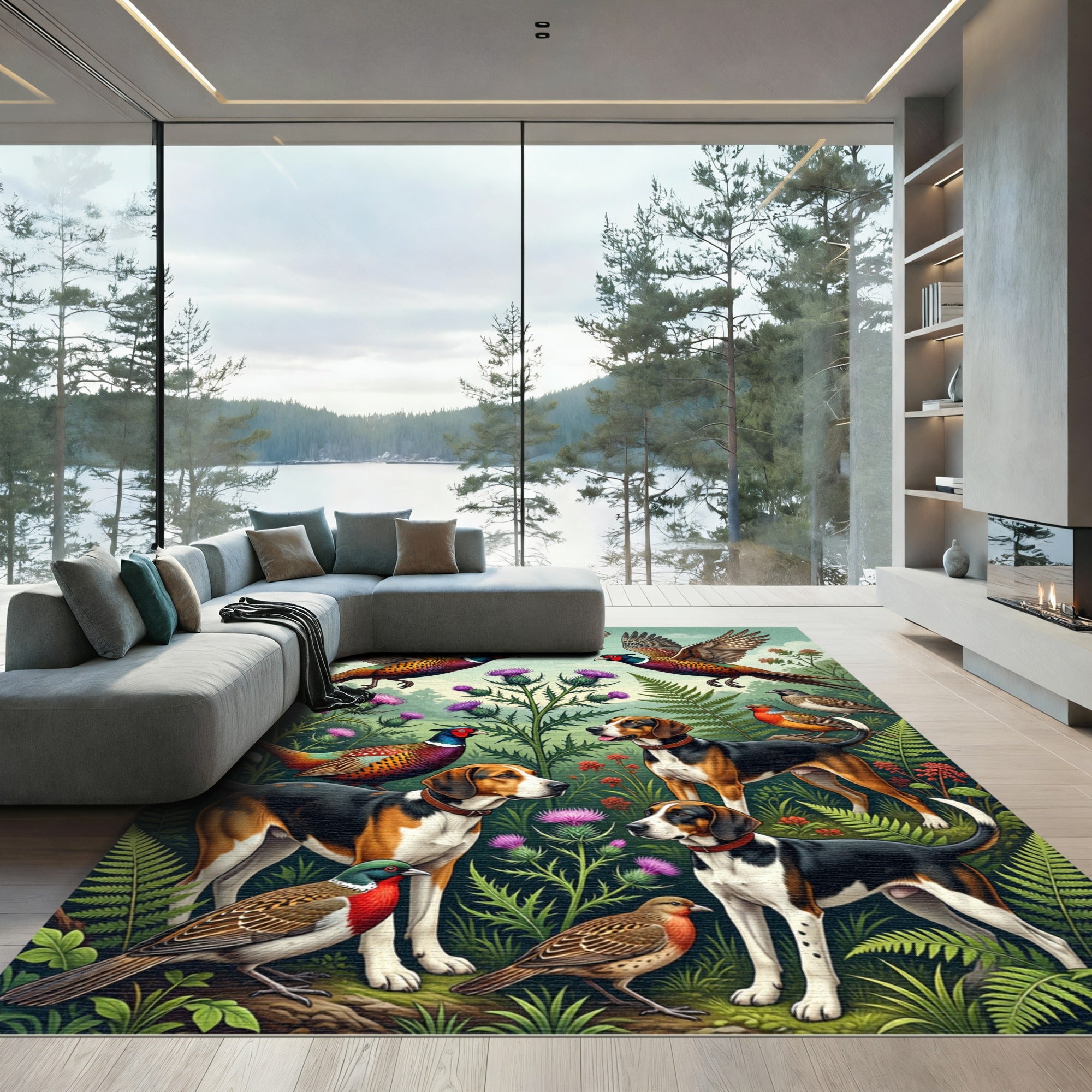 Pheasant and Hound Wildlife Landscape Rug