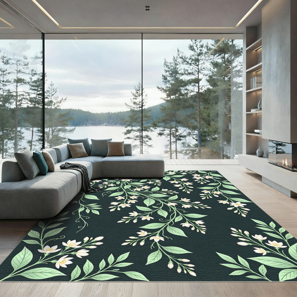Elegant White Jasmine Floral Dark Foliage Rug