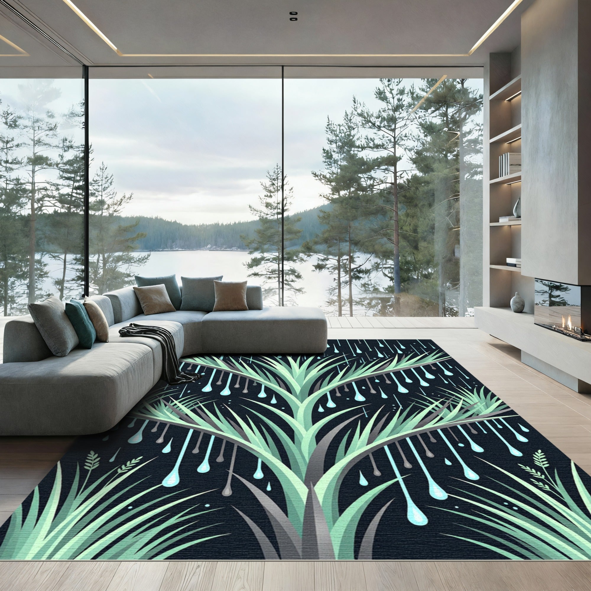 Mint Green Raindrop Botanical Foliage Rug