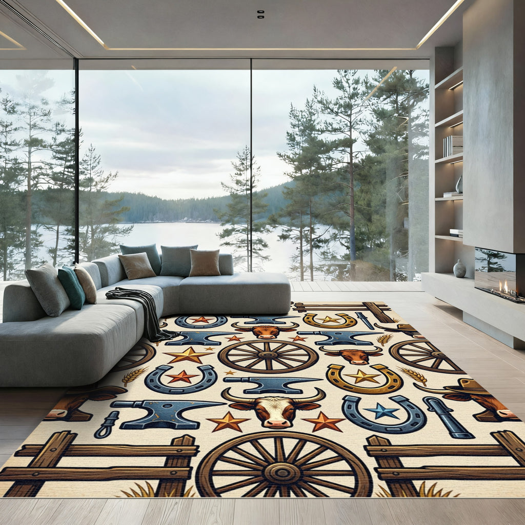 Rustic Western Farmhouse Cattle Wagon Wheel Rug