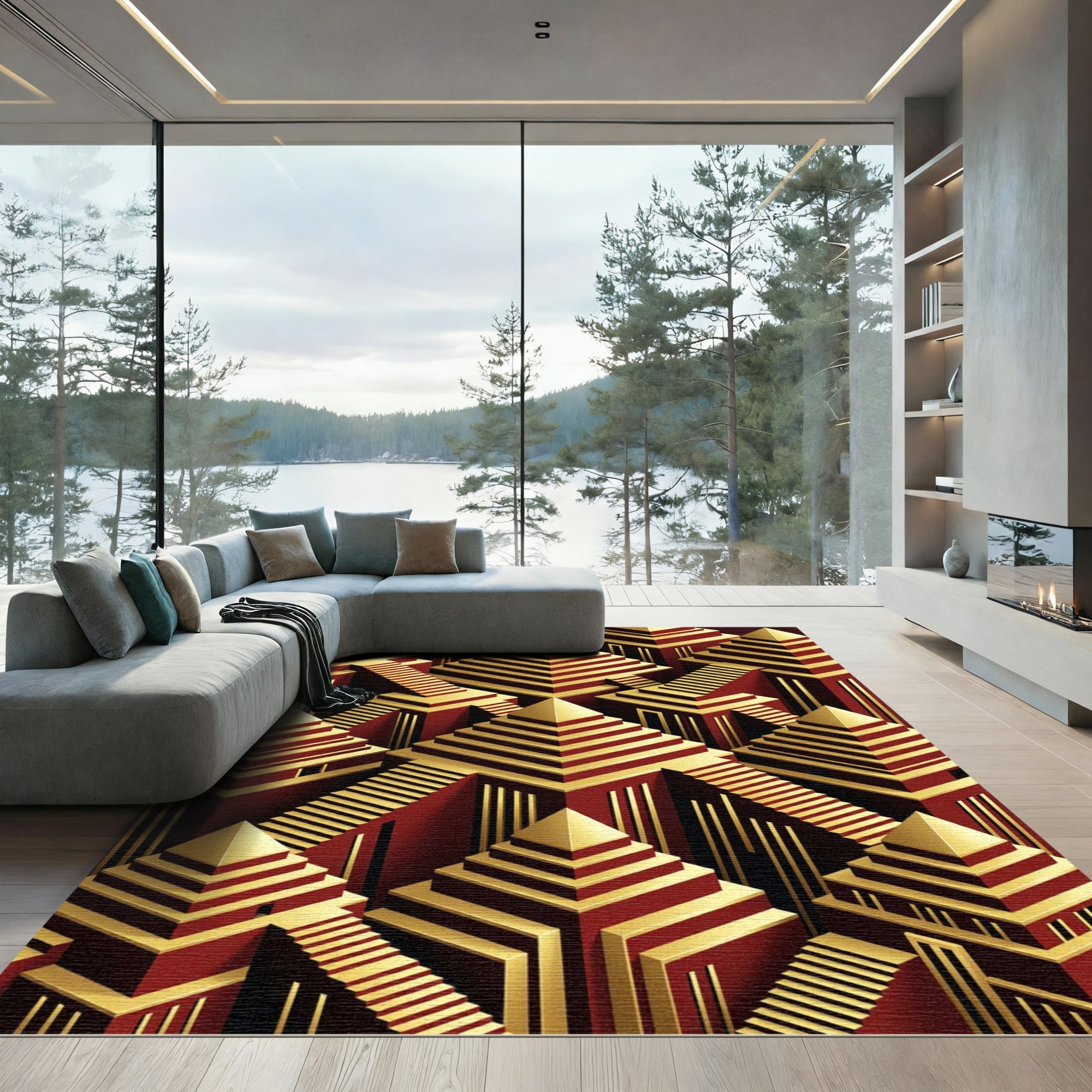 Crimson Gold Geometric Pyramid Steps Rug