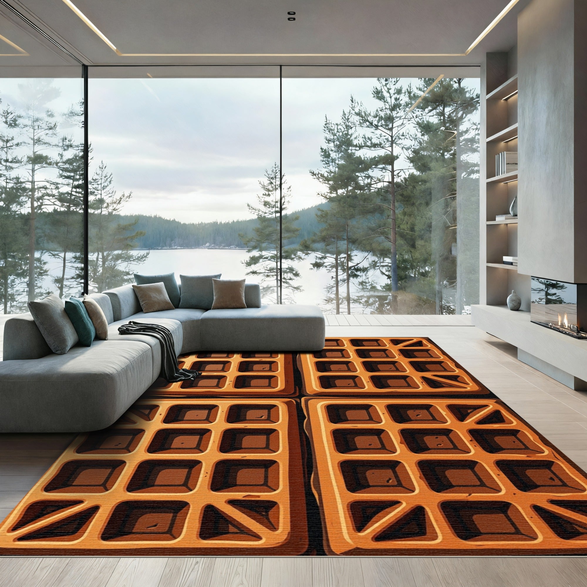 Golden Waffle Grid Geometric Squares Rug