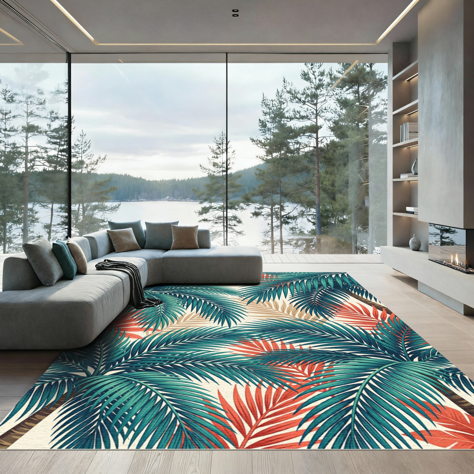 Lush Green and Coral Tropical Foliage Rug