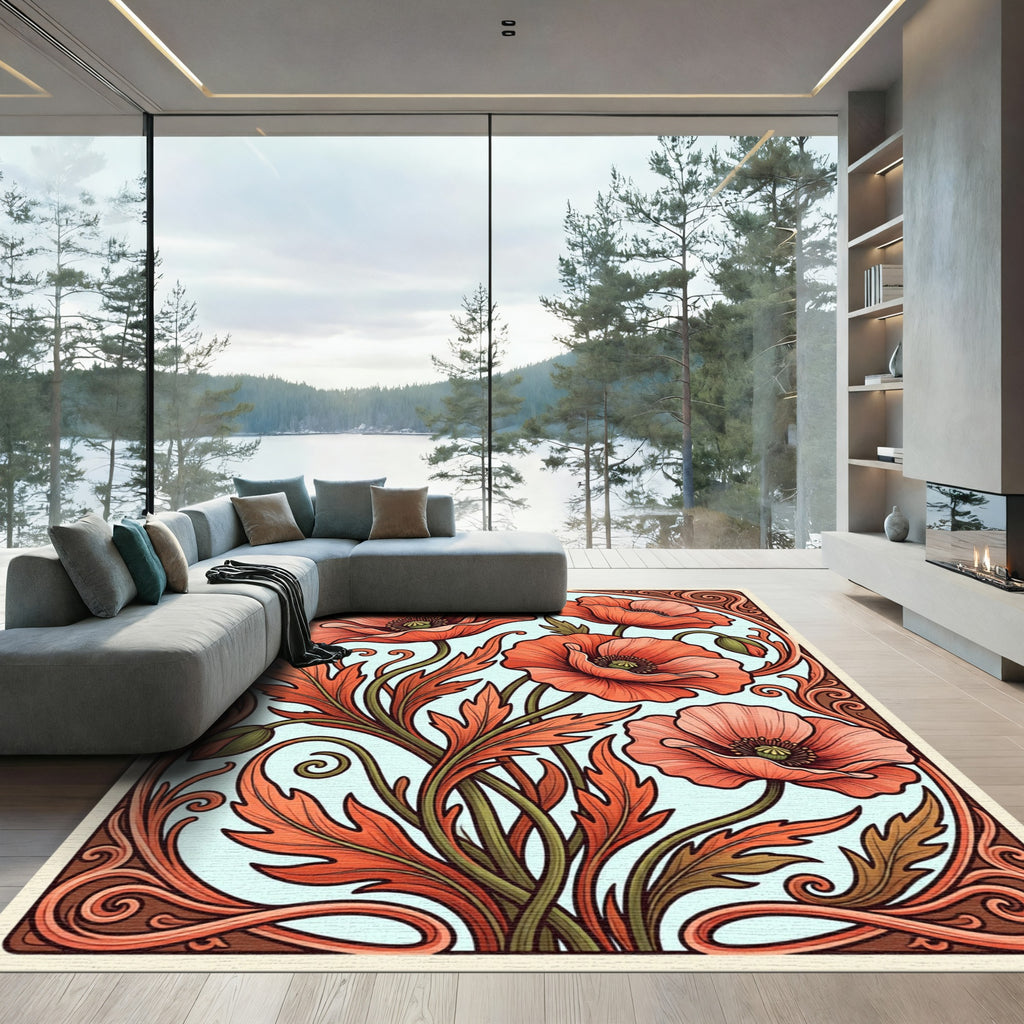 Art Nouveau Poppy Botanical Coral Rug