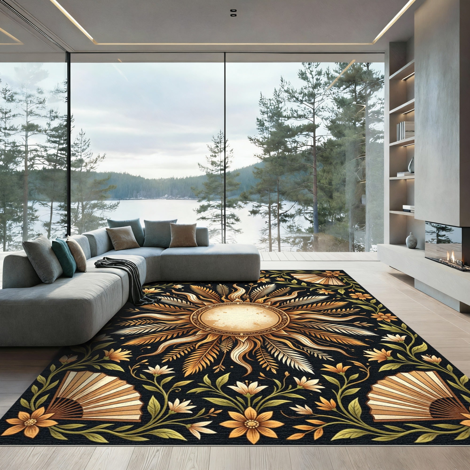 Golden Sunburst Floral Art Deco Rug