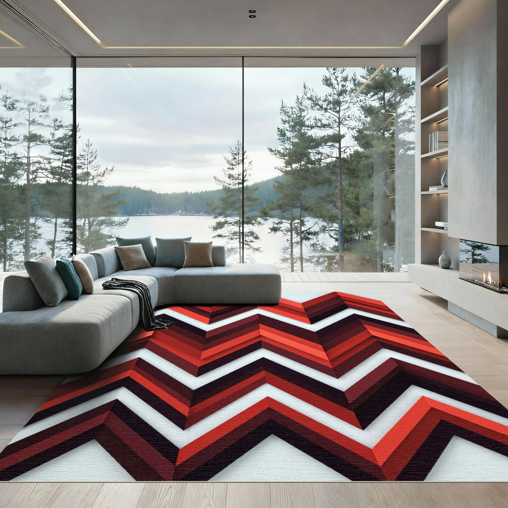 Crimson Red Chevron Layered Rug