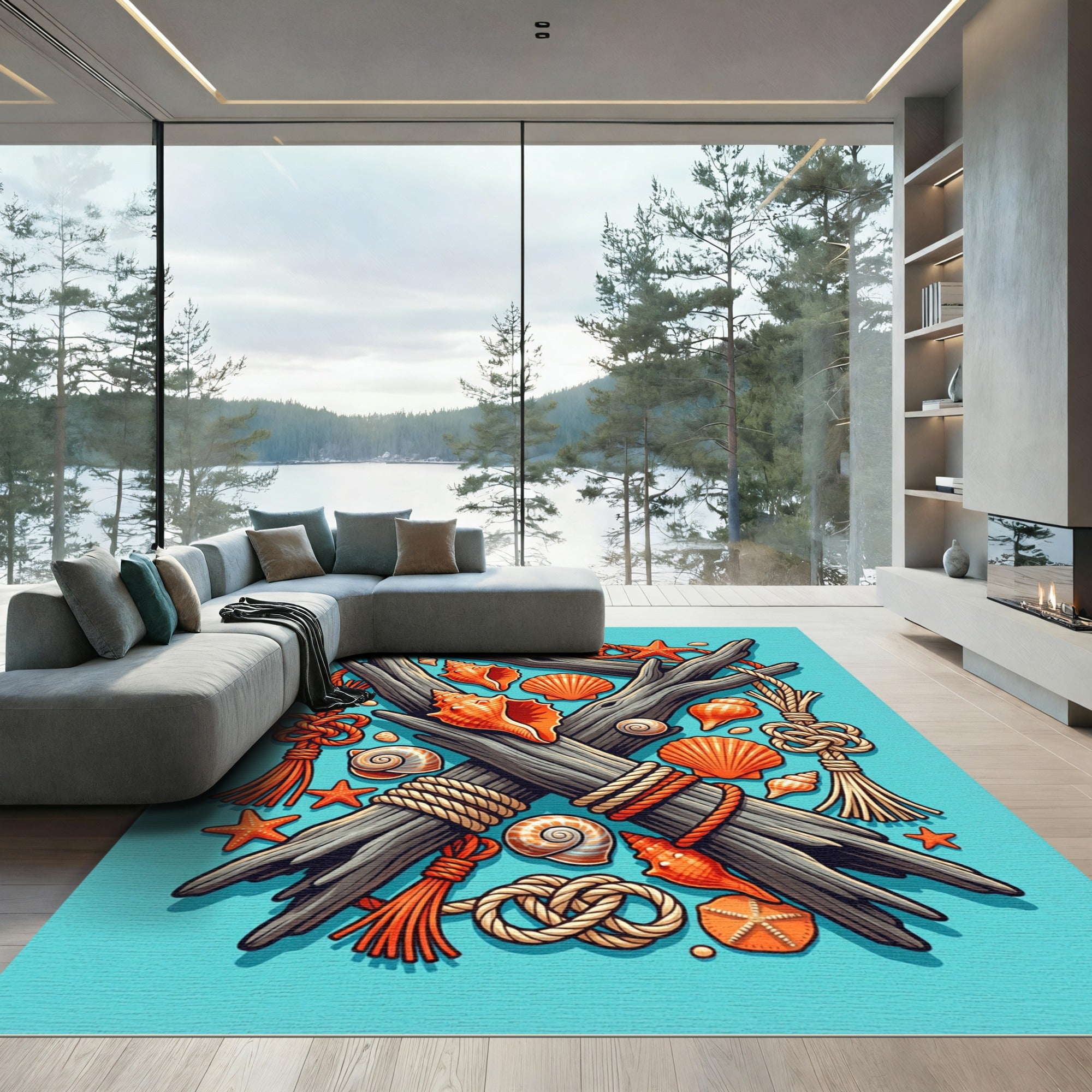 Coastal Driftwood Seashell and Rope Accent Rug