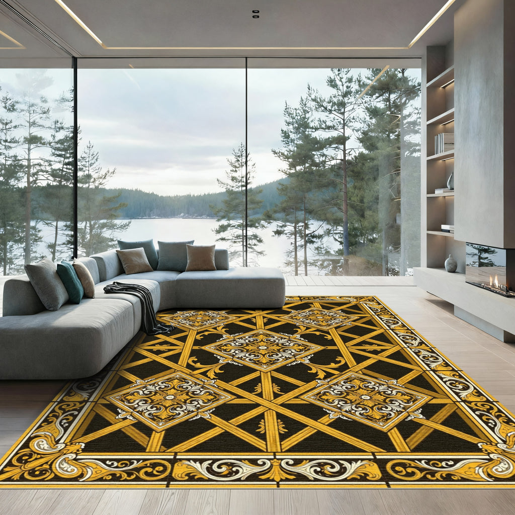 Gold and Black Ornate Medallion Rug