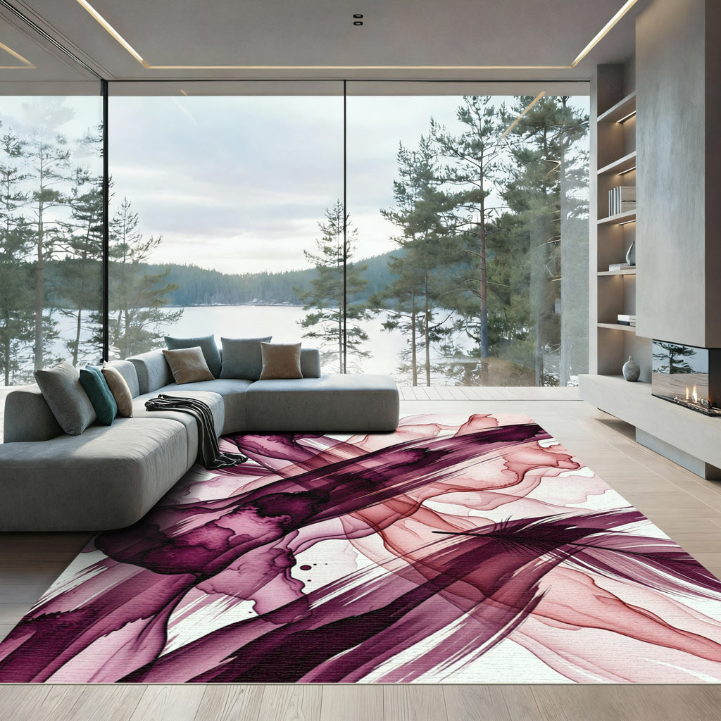 Deep Plum Abstract Feather Swirl Rug