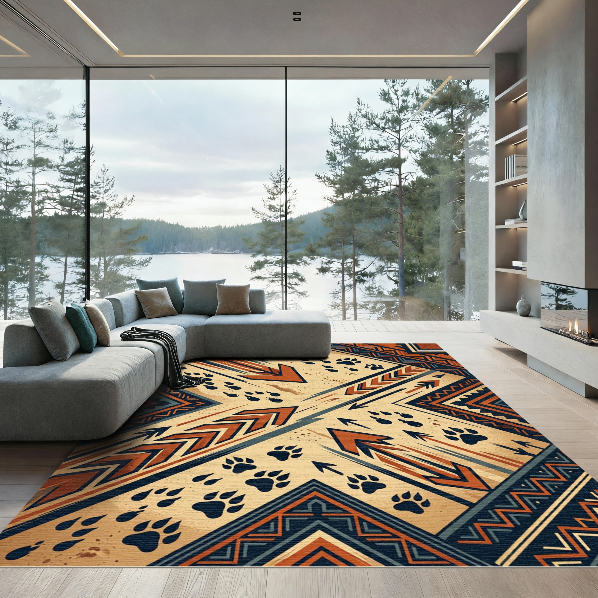 Earthy Geometric Arrow and Paw Rug