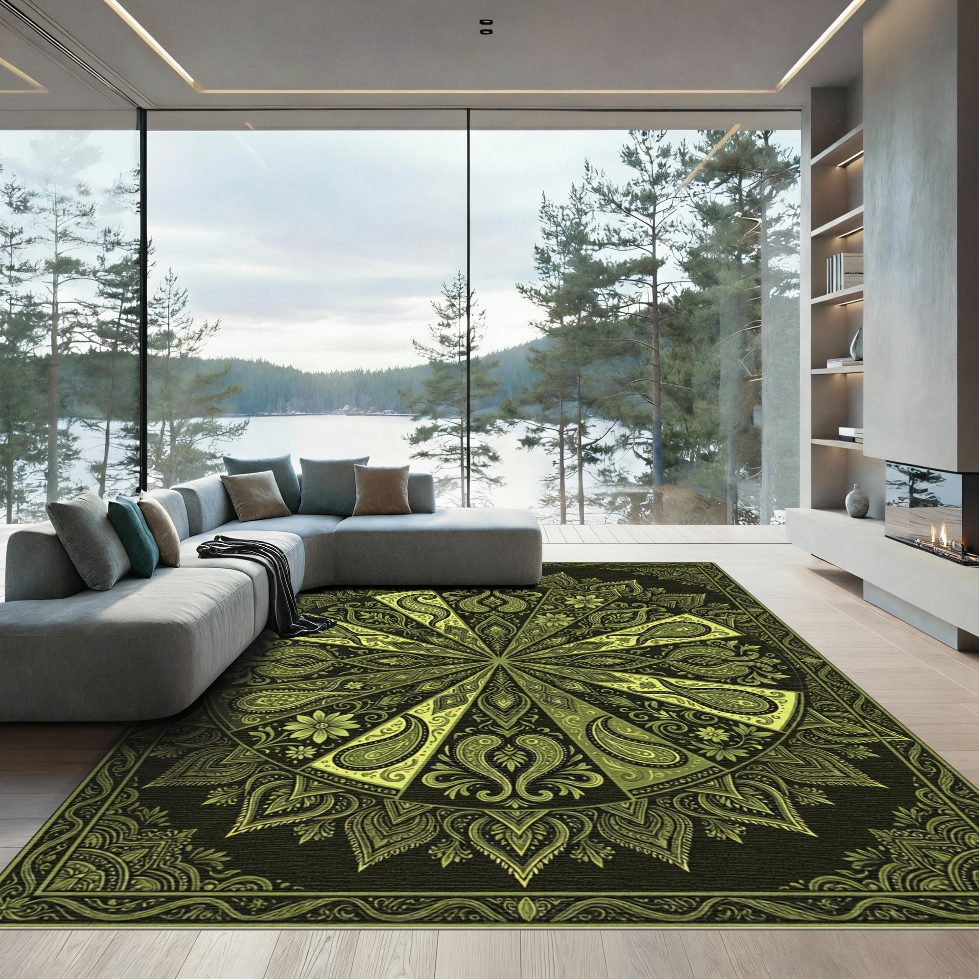 Golden Paisley Sunburst Mandala Rug