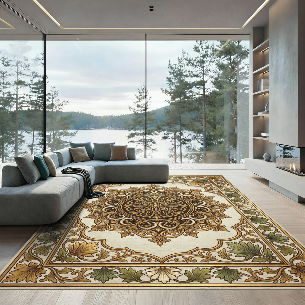 Golden Brown Floral Medallion Frame Rug