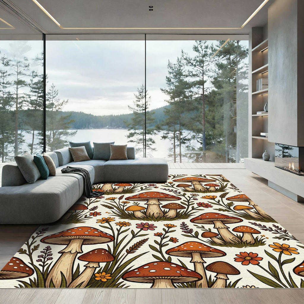 Whimsical Forest Mushroom and Wildflower Meadow Rug