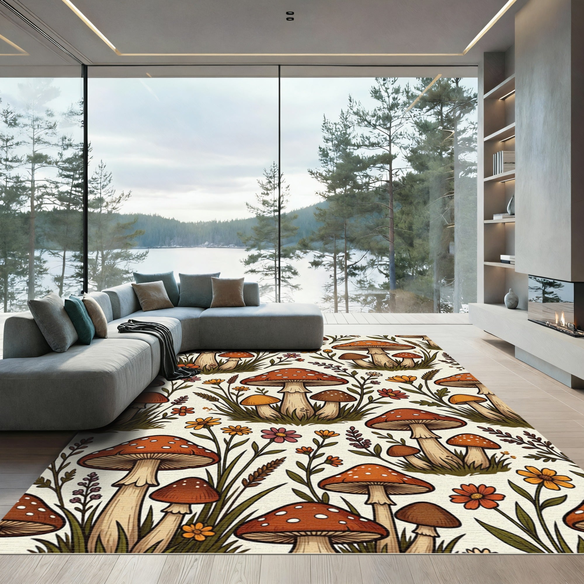 Whimsical Forest Mushroom and Wildflower Meadow Rug