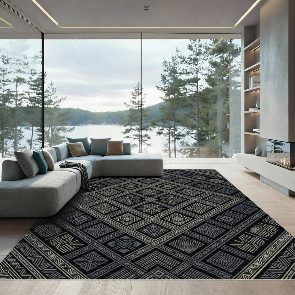 Tribal Geometric Diamond Black Ivory Rug