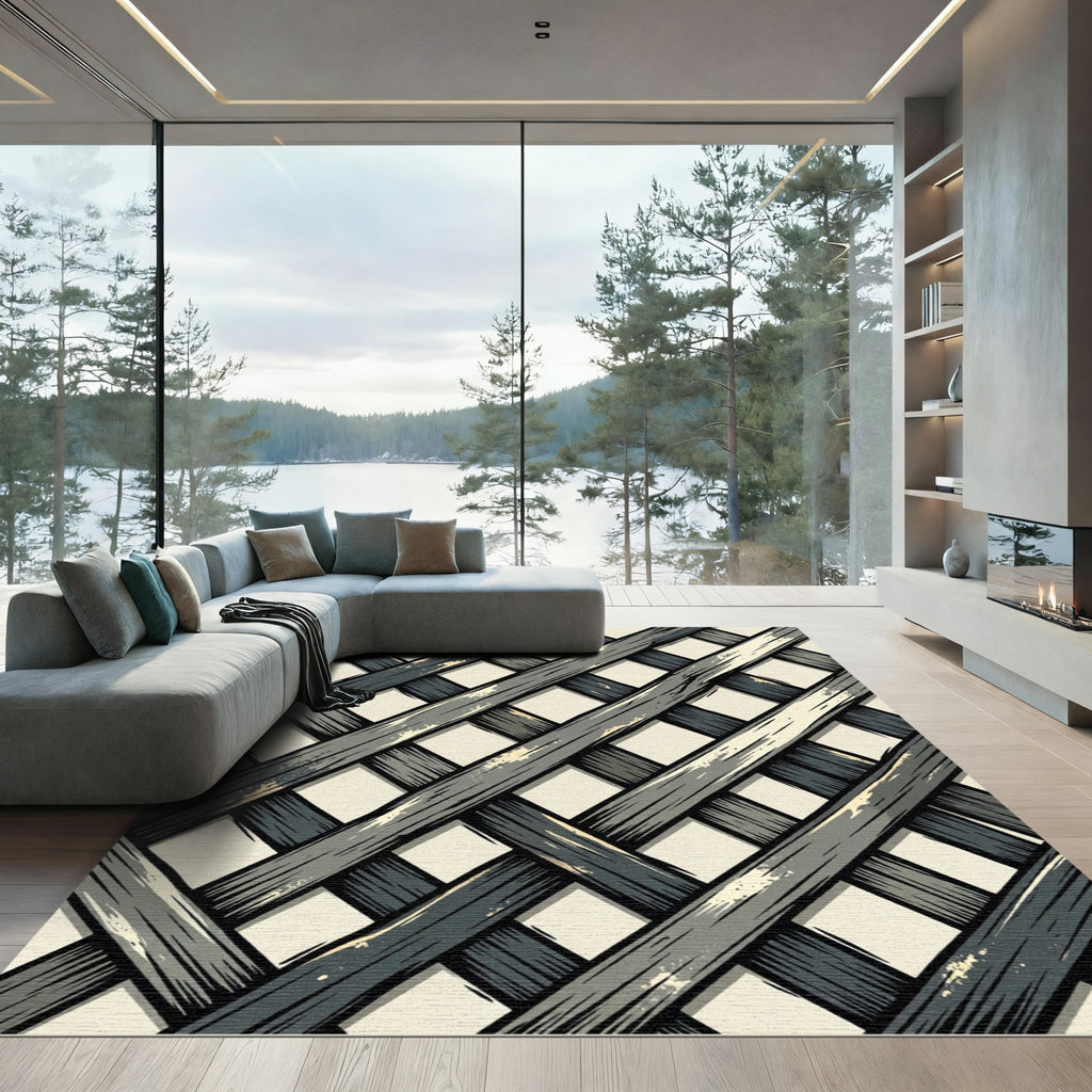 Neutral Gray Interlocking Lattice Weave Rug