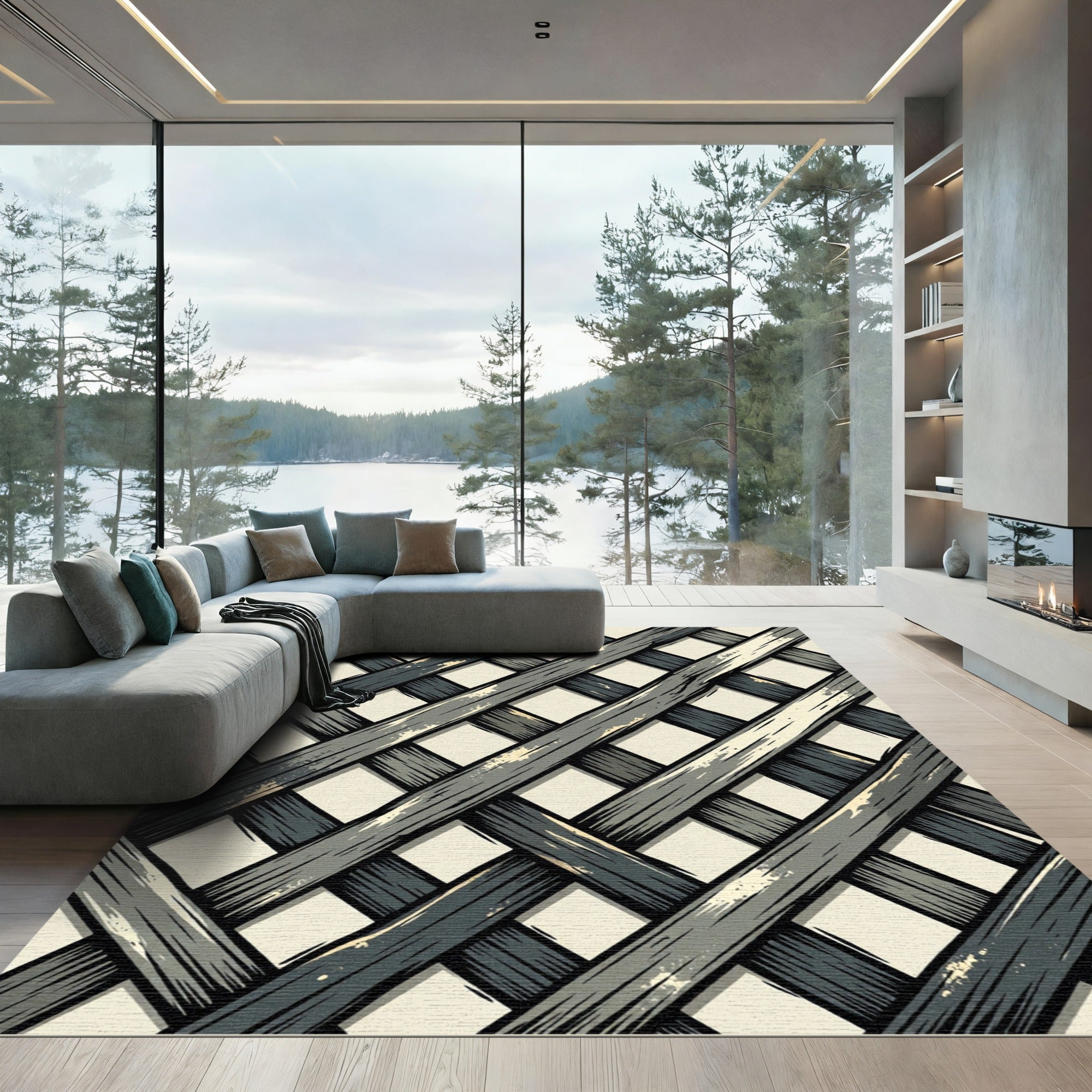 Neutral Gray Interlocking Lattice Weave Rug