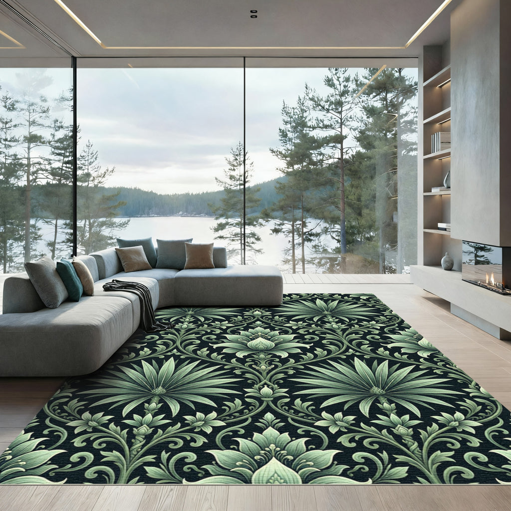 Sage Green Floral Damask Art Nouveau Rug