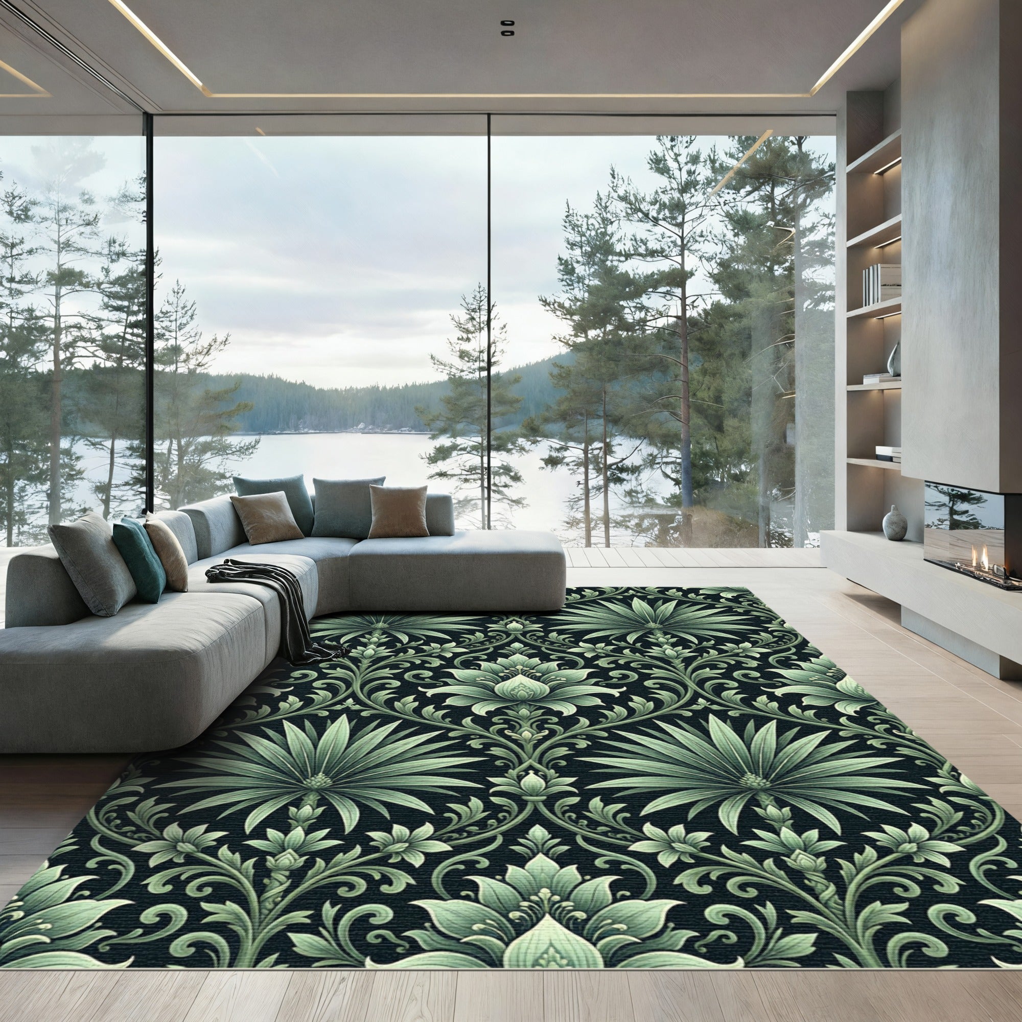 Sage Green Floral Damask Art Nouveau Rug