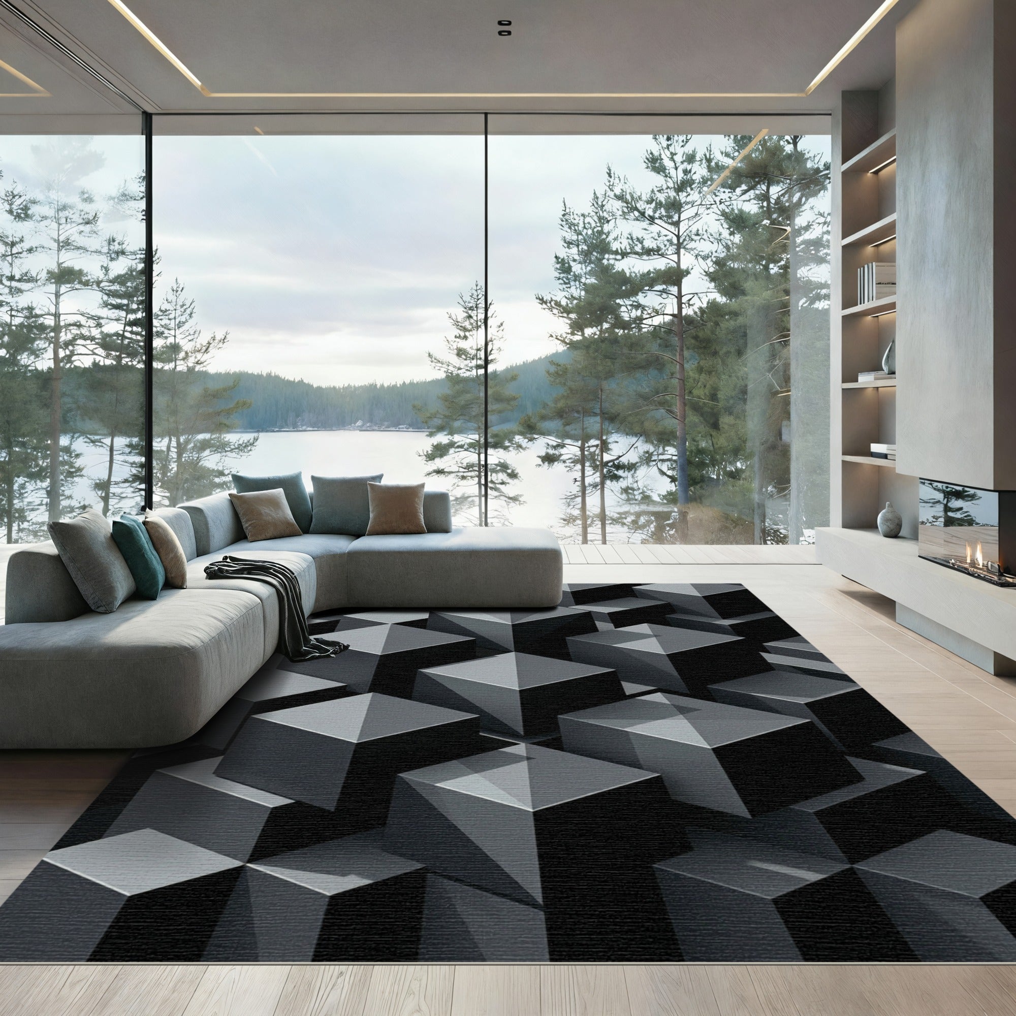 Monochromatic Dark Geometric Cube Pattern Rug